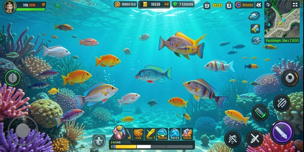 Screenshot gameplay 9939 yang menunjukkan aksi menembak ikan yang seru.